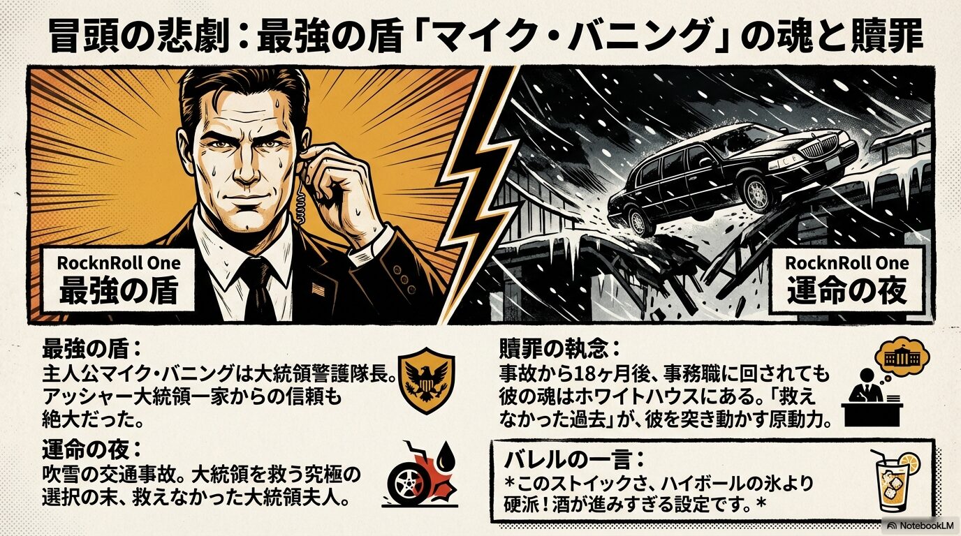 主人公マイク・バニングの紹介と、運命の夜の交通事故、そして18ヶ月後の執念を描いたスライド 。