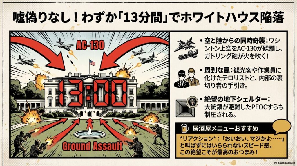 AC-130による空からの攻撃や陸からの急襲によって、13分でホワイトハウスが制圧される様子を解説したスライド 。