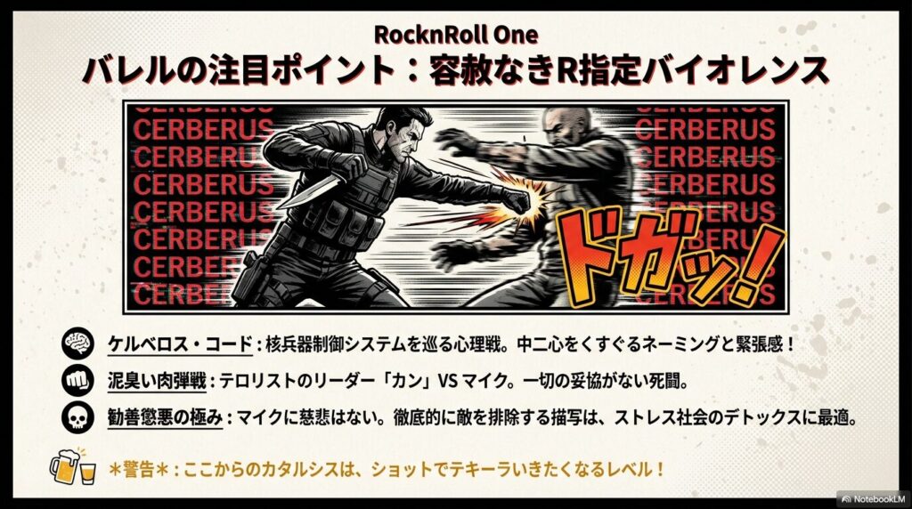 核兵器制御システム「ケルベロス・コード」を巡る緊張感と、マイクと敵リーダー・カンの妥協なき死闘を強調したスライド 。