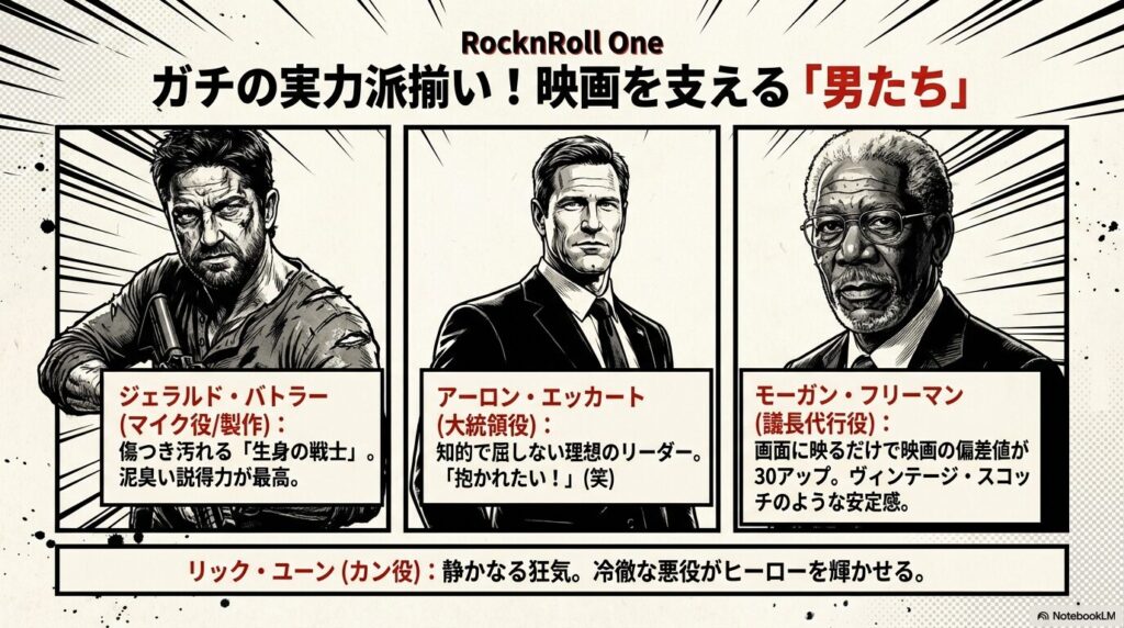 ジェラルド・バトラー、アーロン・エッカート、モーガン・フリーマン、リック・ユーンの配役と魅力を紹介するスライド 。