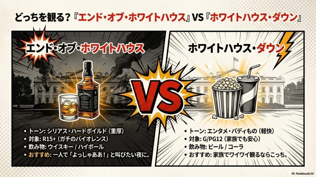 本作と『ホワイトハウス・ダウン』のトーンやレイティング、おすすめのシチュエーションを比較したスライド 。