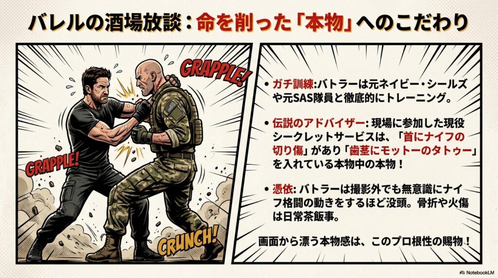 主演のバトラーが元特殊部隊員と訓練し、本物のシークレットサービスのアドバイスを受けて役作りに没頭したエピソードを紹介するスライド 。