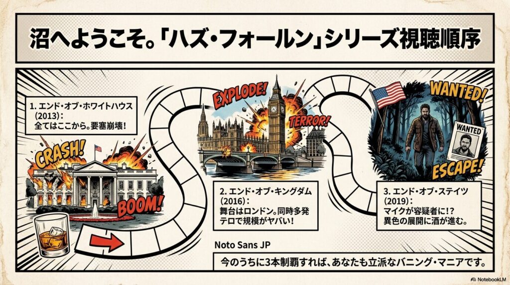 『エンド・オブ・ホワイトハウス』から『キングダム』『ステイツ』へと続くシリーズ3作品の公開年と特徴をまとめたスライド 。